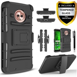Moto G6  Plus Case, Circlemalls Dual Layers [Combo Holster] And Built-In Kickstand Bundled With [Tempered Glass Screen Protector] And Touch Screen Pen (Black)